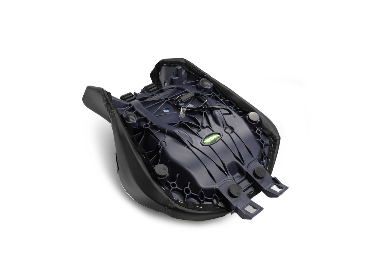 Under the front motorcycle seat of the Sargent World Sport aftermarket motorcycle seats for the BMW R 1300 GS low with silver.